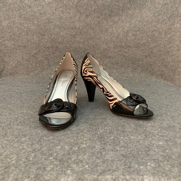 Anne Klein Women’s Leather Heel Black and Cream Zebra Pattern Peep Toe Shoes - Picture 2 of 12